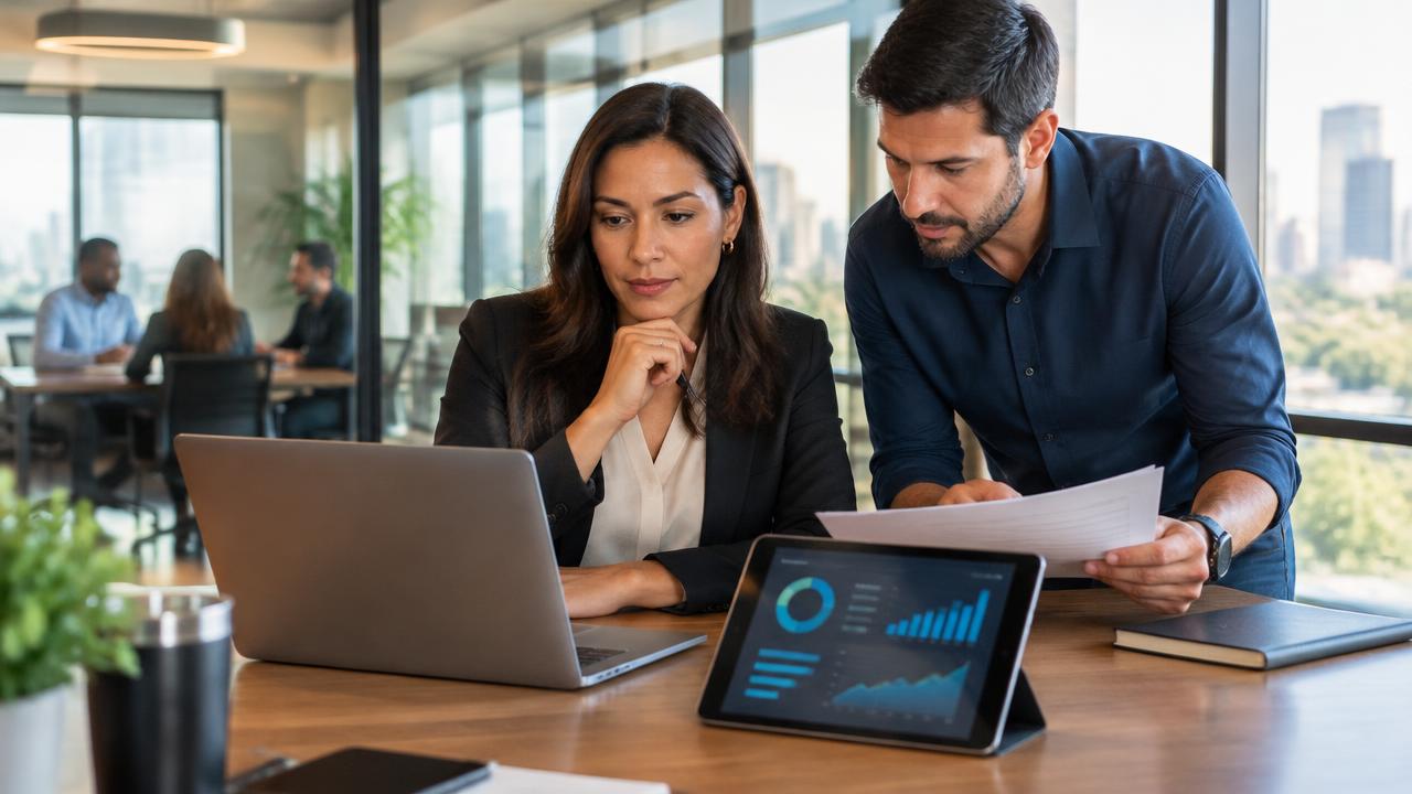 Executiva de uma média empresa acompanha indicadores financeiros em um escritório moderno
